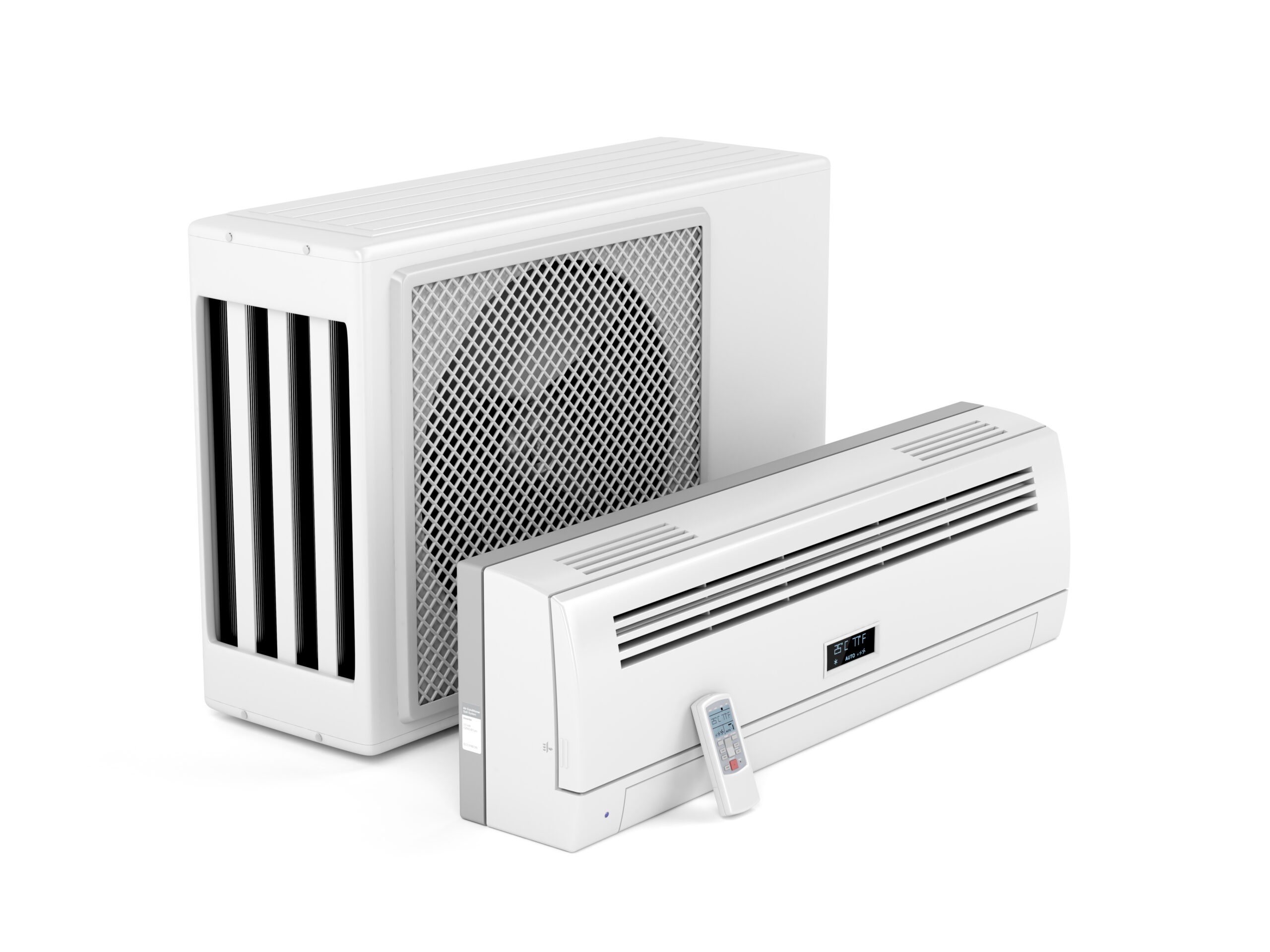 All parts of modern split system air conditioner on white background